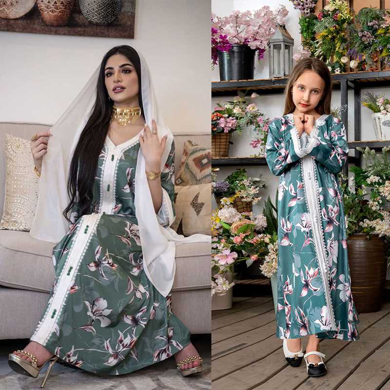 Eid Muslim Girls Flower Printed Green Kaftan Dress