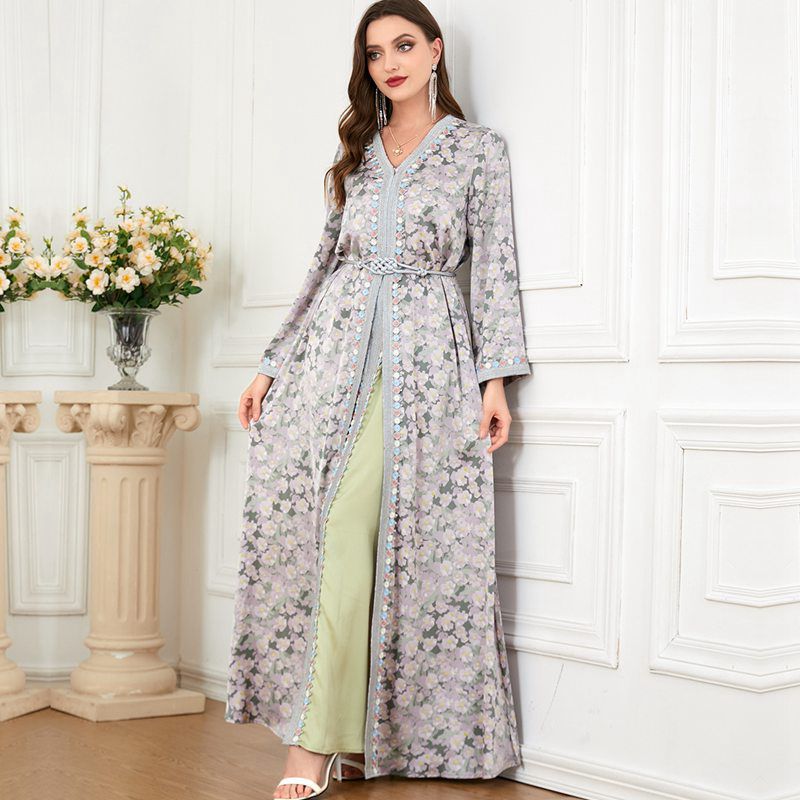 Eid Dress Floral Printed 2 Pieces Set Satin Kaftan Dress Caftan With Inner Sleeveless Dress