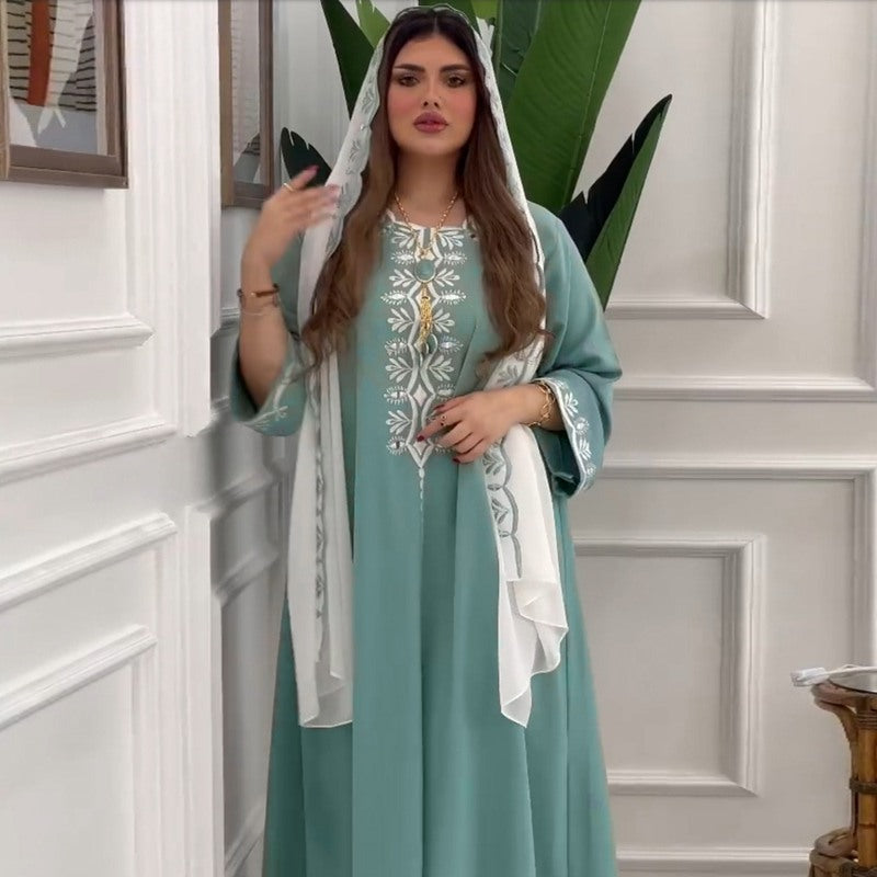 Middle East Arab Flower Embroidery Muslim Women Abaya Kaftan Dress Jalabiya With Hijab