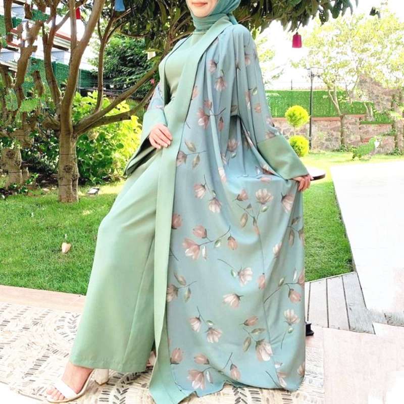 Muslim Women 2 Pieces Set Printed Open Abaya Dress With Inner Jumpsuit Dress