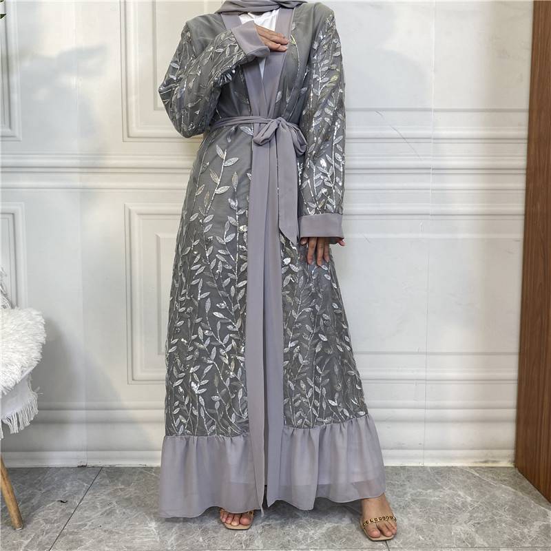 Leaf Embroidery Lace Muslim Women Open Abaya Dress