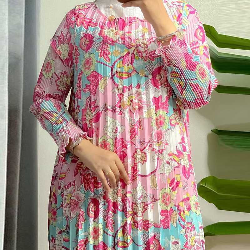 Printed Satin Pleated Muslim Women Abaya Dress