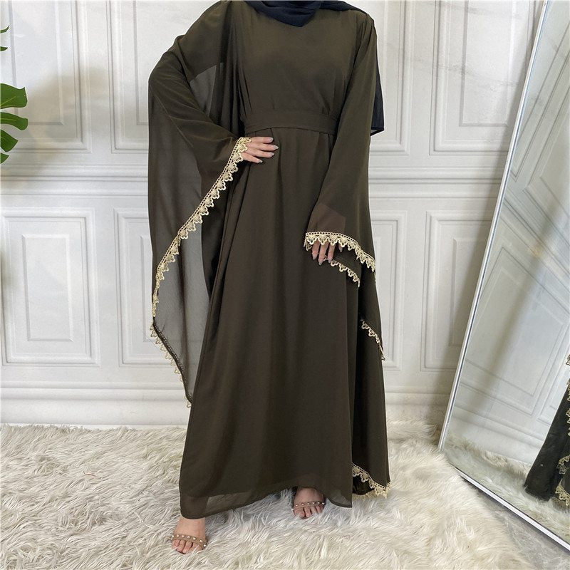 Muslim Women Solid Color Loose Chiffon Abaya Dress Long Sleeve With Lace