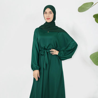 Satin Solid Color Abaya Dress With Belt For Muslim Women