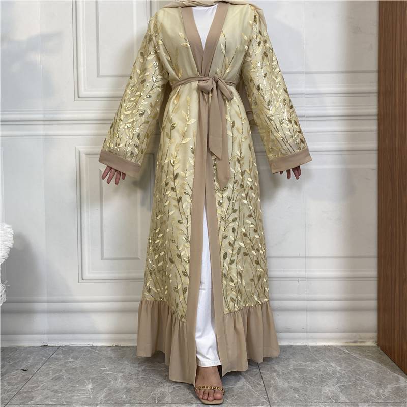Leaf Embroidery Lace Muslim Women Open Abaya Dress