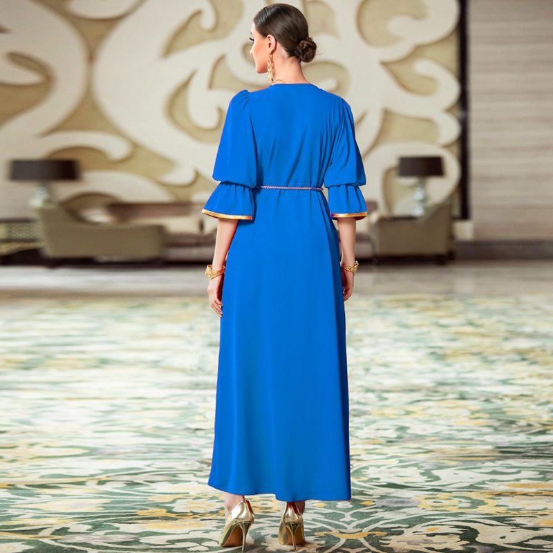 Blue Hand-stitched Rhinestone Flare Sleeve Evening Kaftan Dress