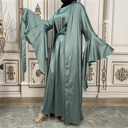 2 Pieces Set Muslim Women Satin Open Abaya Dress