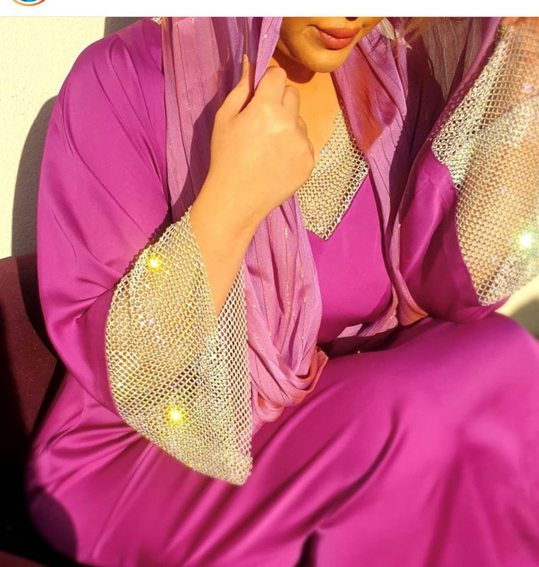 Muslim Women Satin Mesh Sequins Abaya Dress Middle East Turkish