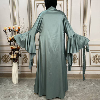 2 Pieces Set Muslim Women Satin Open Abaya Dress