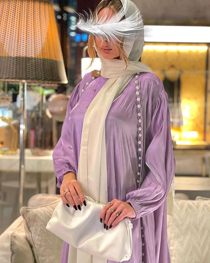 2 Pieces Set Satin Beads Muslim Women Open Abaya Dress With Inner Sleeveless Dress
