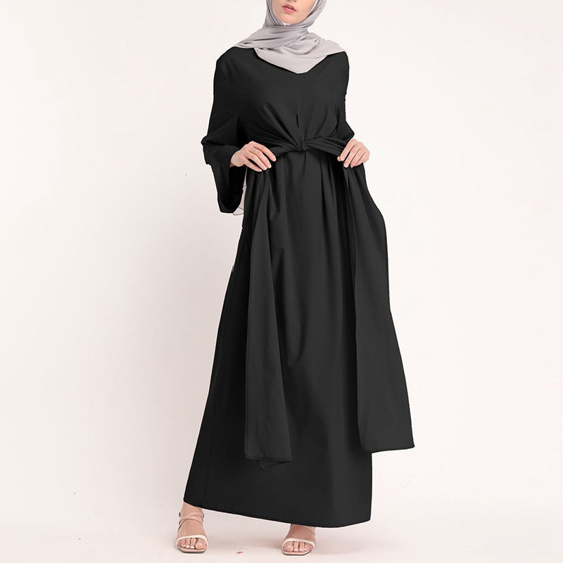 S-5XL Muslim Women Solid Color Plain Belted Abaya Dress