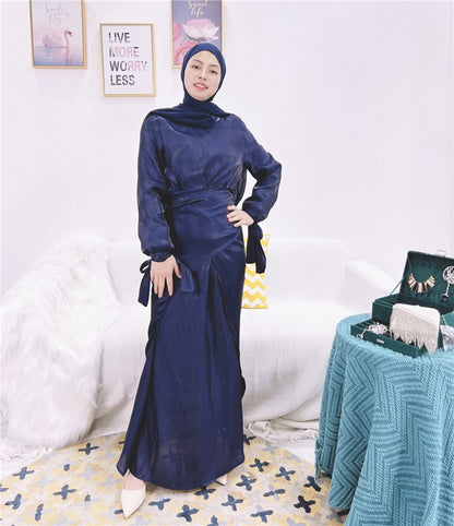 2 Pieces Set 10 Color Options Silk Feeling Muslim Women Abaya Dress With Mid Wrap