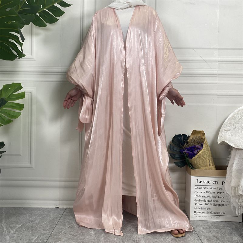 Islamic Muslim Silk Feeling Satin Open Cardigan Abaya Dress