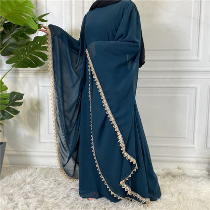 Muslim Women Solid Color Loose Chiffon Abaya Dress Long Sleeve With Lace