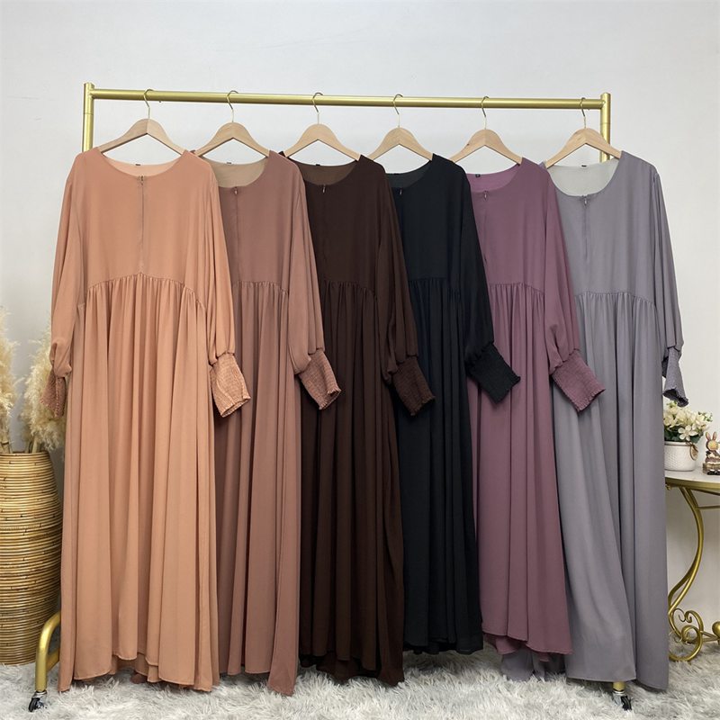 Muslim Women Chiffon Pleated Abaya Dress With Liner
