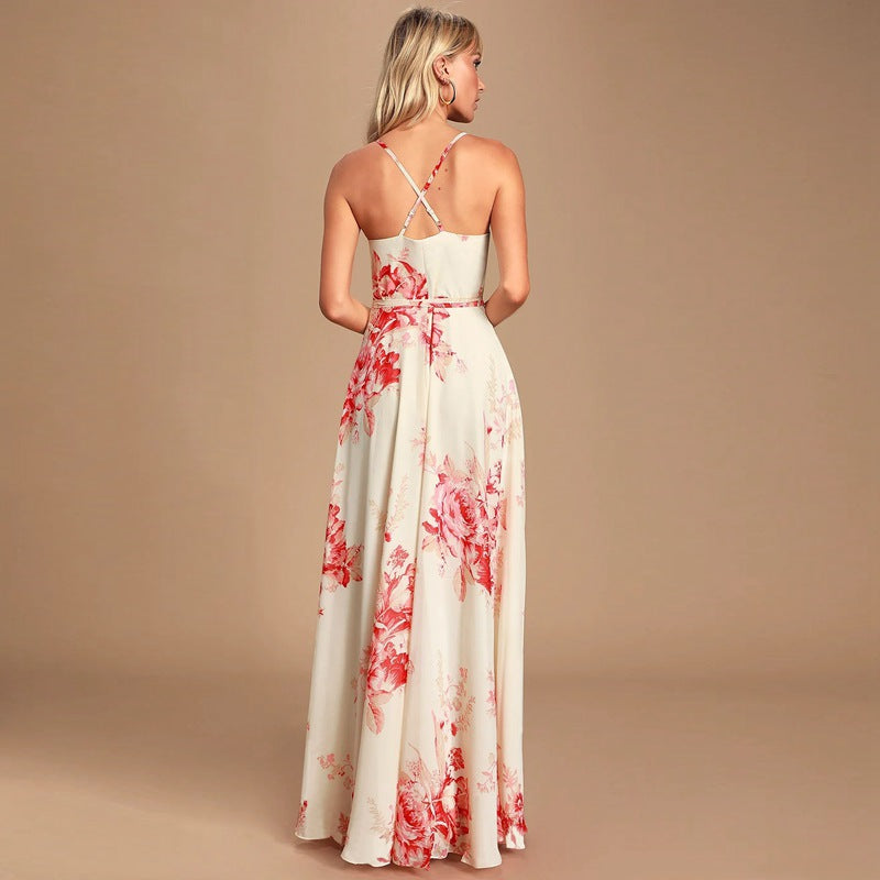 Floral Printed V-Neck Backless Slit Sling Dress