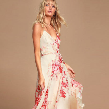 Floral Printed V-Neck Backless Slit Sling Dress