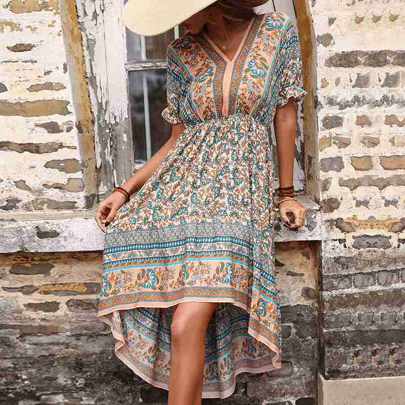 Summer Vintage Midi Dress Slim Printed Women Dress