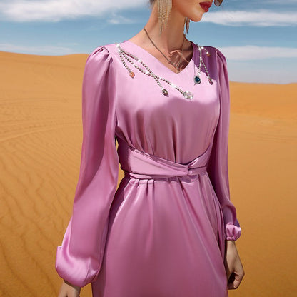 Muslim Women Hand-stitched Rhinestone Satin Abaya Dress