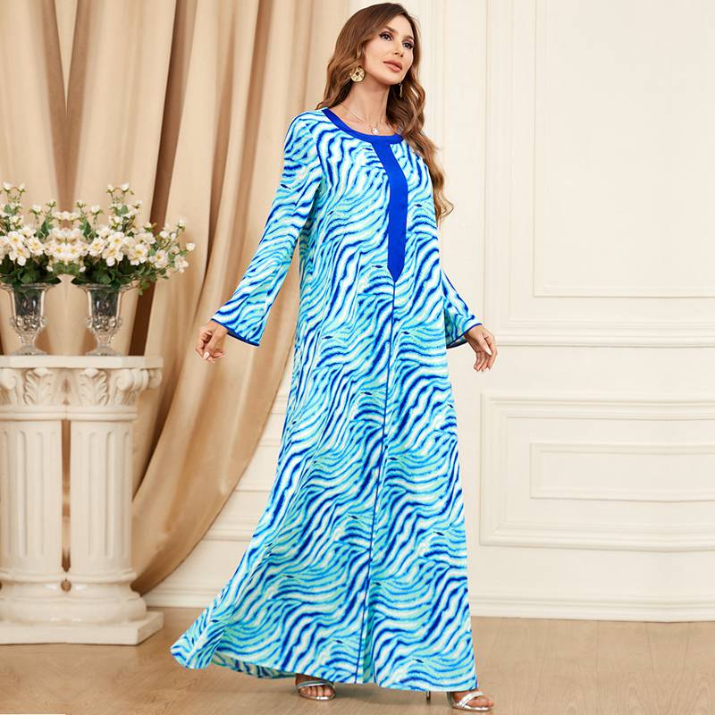 Eid Dress Muslim Women Stripe Pattern Printed Caftan Kaftan Dress