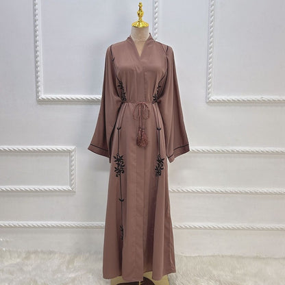 Muslim Women Solid Color Cardigan Open Abaya With Embroidery