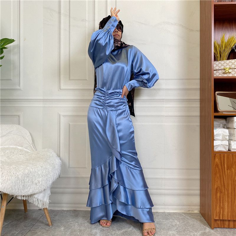 Muslim Women Satin Robe Dress 2 Pieces Set With Top And Skirt