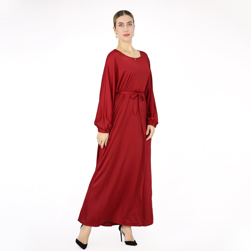 Satin Solid Color Abaya Dress With Belt For Muslim Women