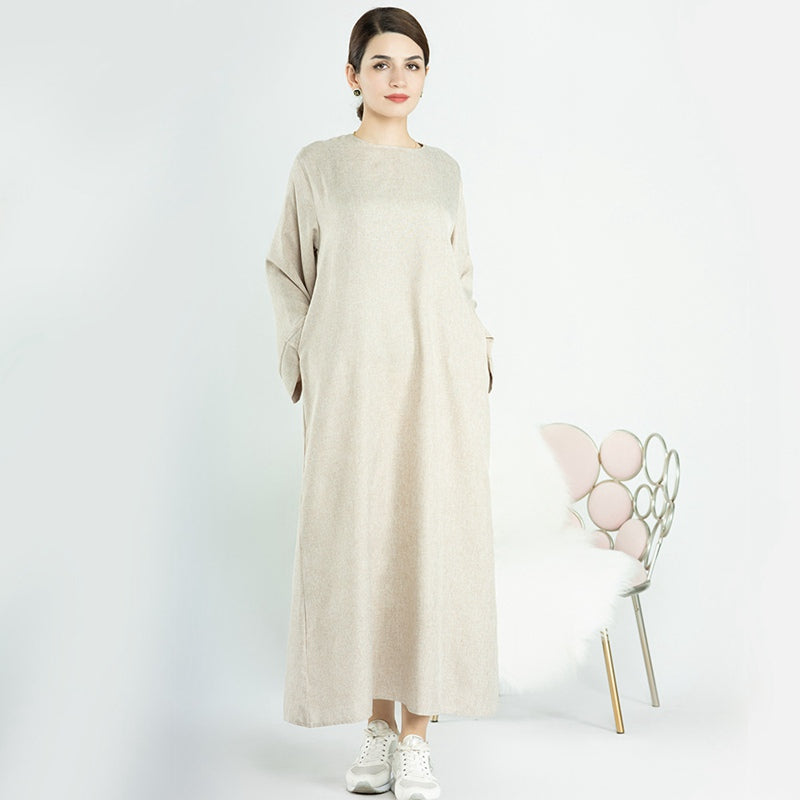 Turkish Dubai Muslim Women Solid Color Cotton Blended Abaya Dress
