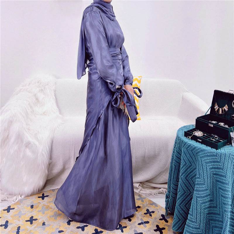 2 Pieces Set 10 Color Options Silk Feeling Muslim Women Abaya Dress With Mid Wrap