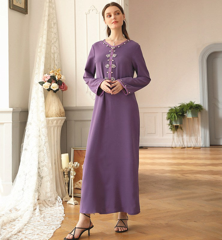 Hand-stitched Rhinestone Embroidery Purple Women Kaftan Dress With Beads