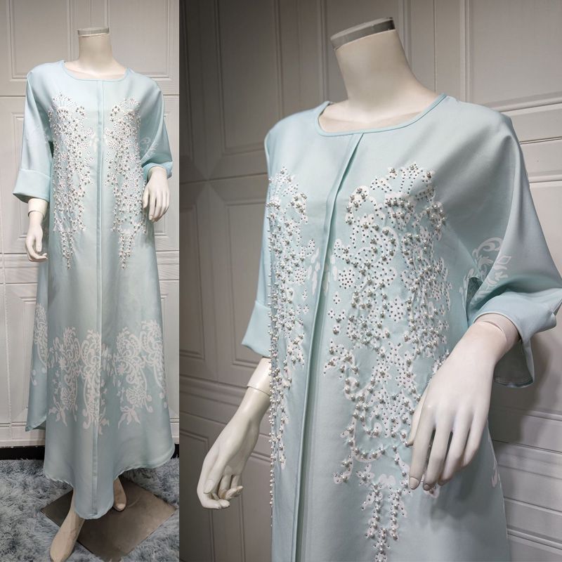 EID Ramadan Muslim Women Printed Abaya Kaftan Dress With Pearl