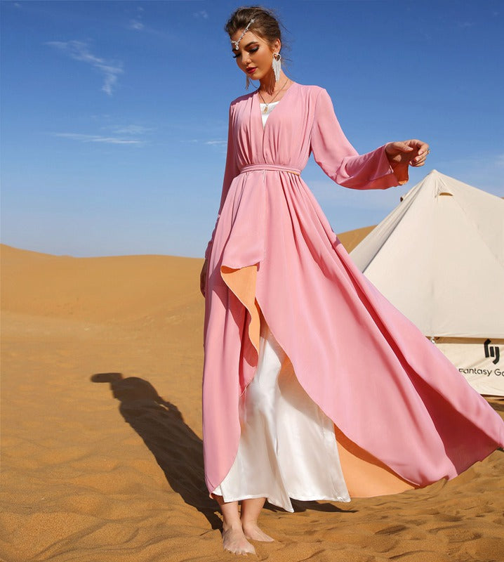 Double Layer Double Color Chiffon Reversible Cardigan Open Abaya Robe Dress